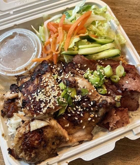 76. Veggie Marinated Grilled Lemongrass Chicken and Minced Pork (Bun nem, ga nuong)