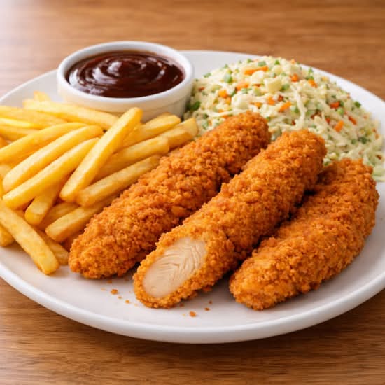Combo 5 Doigts de poulet – frites, sauce BBQ, salade de chou