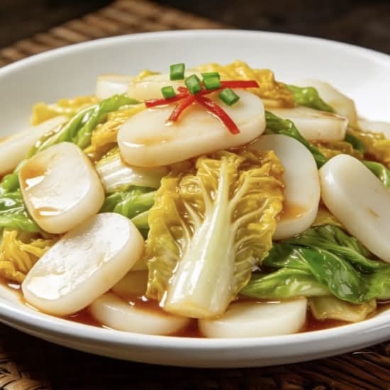 Gâteaux de riz sautés aux légumes de saisons /Sesonal  Vegetable Stir-fried Rice Cakes 清炒时蔬年糕