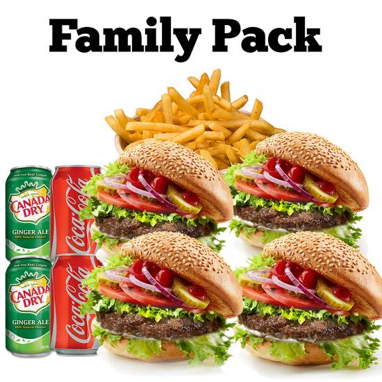 Family Pack (7.2 oz) 4 Burgers+ Family size Fries + *********4 Drinks********