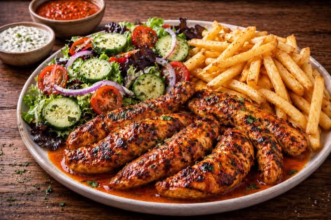 Assiette Poulet Portugais Épicé – Poulet Grillés, Frites & Salade