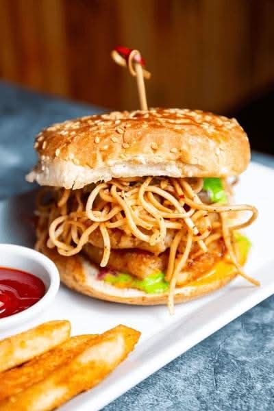 Aloo Tikki Burger with Noodles