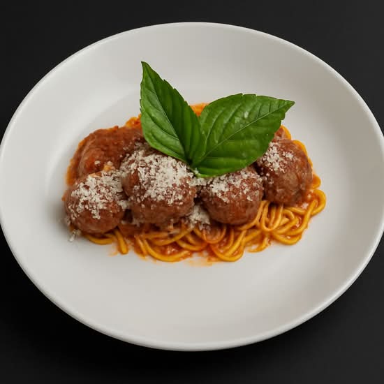 Bucattini with Beef Meatballs