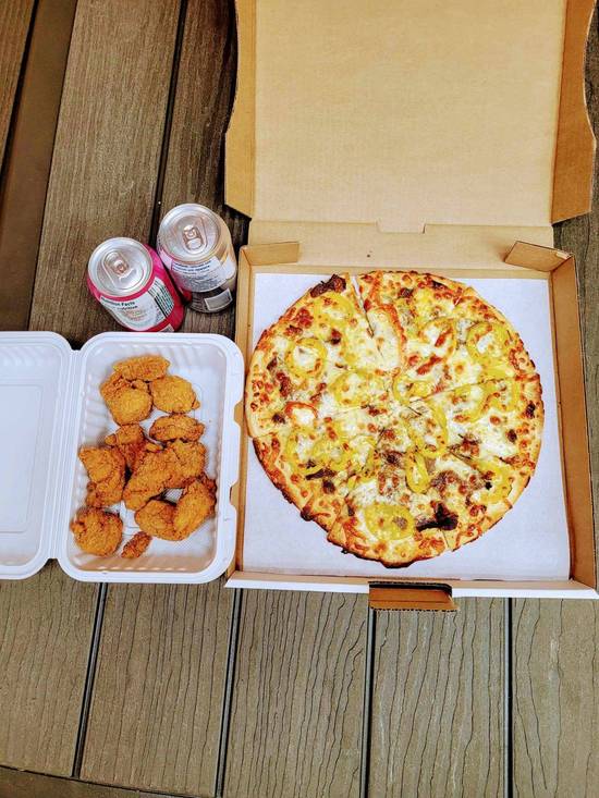 Large Two Topping Pizza, Eight Chicken Bites and Two Cans of Pops