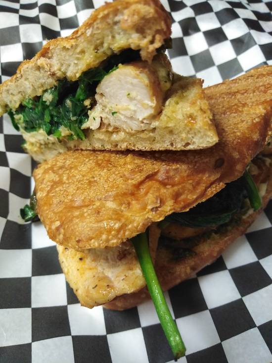 Marinated Chicken Breast, Spinach, Pesto, and Mayonnaise
