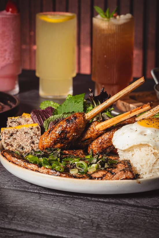 Lemongrass Pork Chop w Pork & Prawn Skewers  & Egg Patty / Com Suon Cha Trung Nem Lui