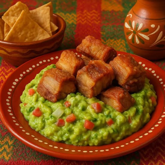 Corazón de México ( guacamole ,chips and pork belly }