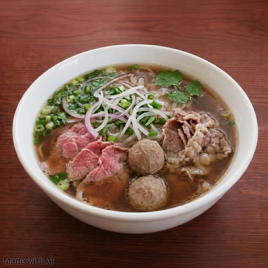 Medium Rare Beef and Beef Ball Rice Noodle Soup (Pho Tai Bo Vien)