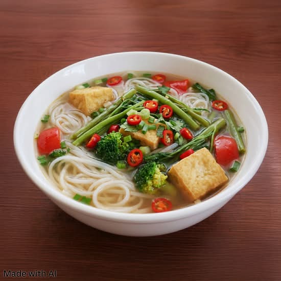 Vegetable and Tofu Tom Yum Rice Noodle Soup (Hu Tieu Chay Thai)