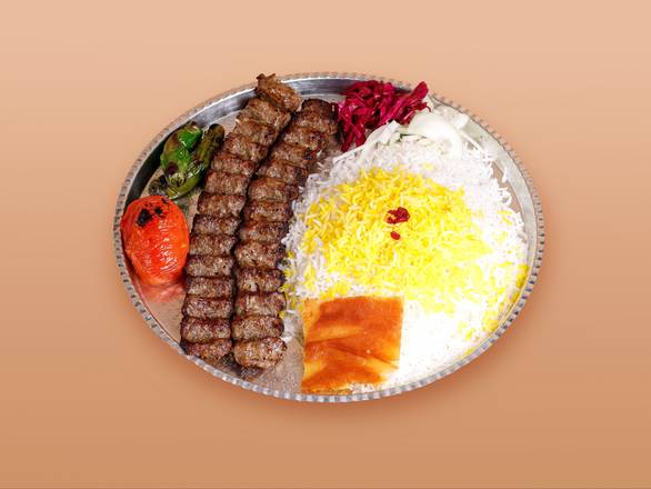 Koobideh Plate(کباب کوبیده ۲ سیخ ) (Served With Soup Or Pop)