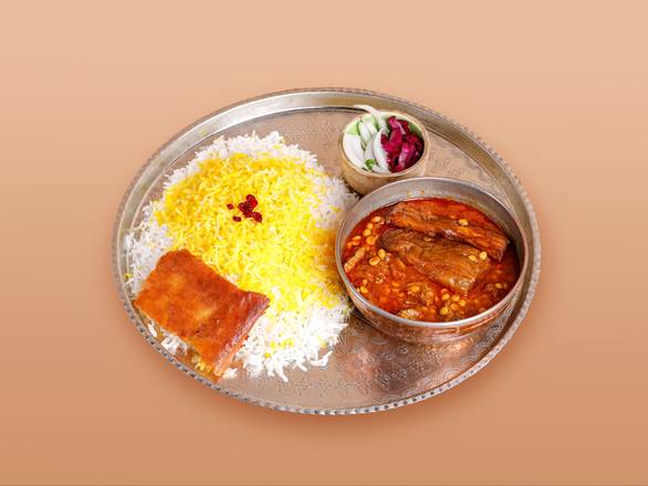 Gheimeh Bademjan Stew with Rice(قیمه بادمجون) (served with Soup or Pop)