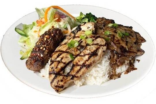 42.  Pork Chop, Chicken, ground Beef with Jasmine Rice