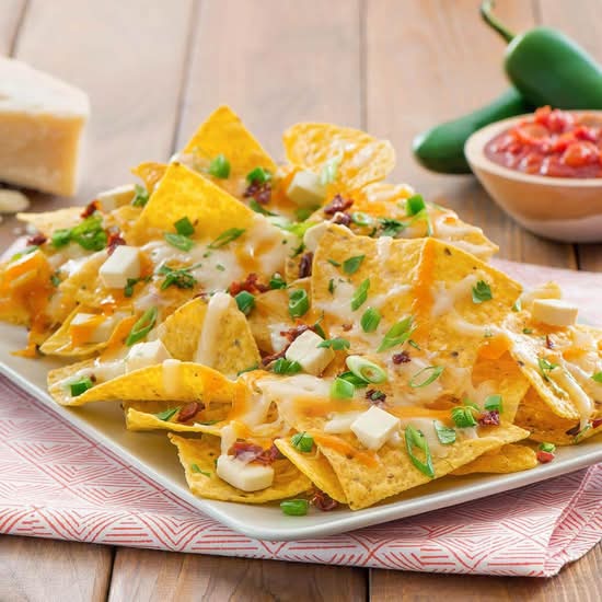 Nachos with Salsa and Cheddar Cream Cheese Sauce