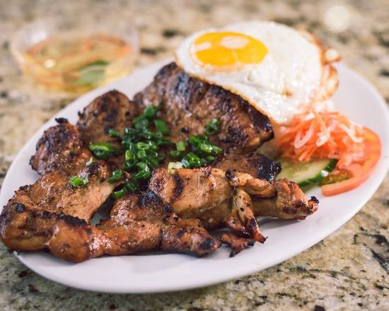 Cơm Sườn, Gà, Trứng - Steamed Rice with Grilled Pork Chop, Grilled Chicken, and Fried Egg
