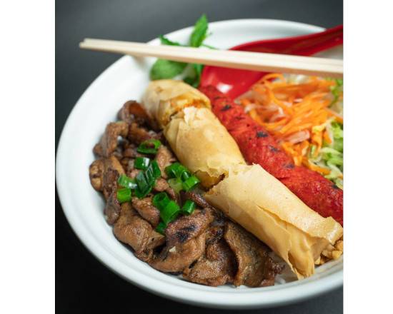 Bún Thịt Nướng, Chả Giò, Nem Nướng - Vermicelli with Grilled Sausage, Grilled Pork, and Spring Roll